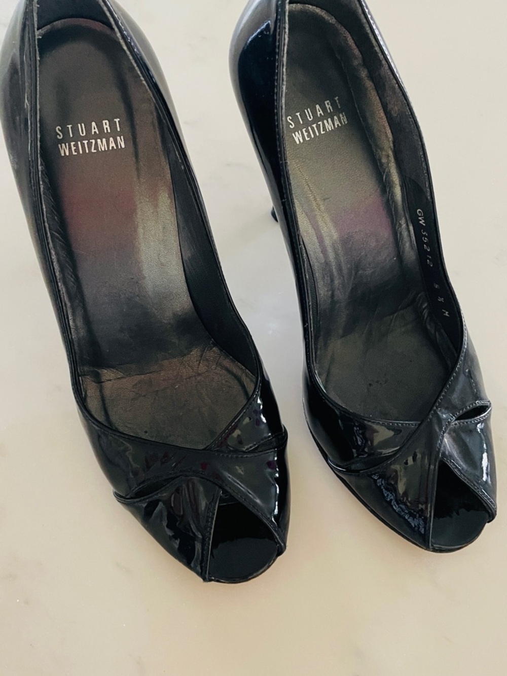 Stuart Weitzman Black Patent Leather Peep-Toe Heels